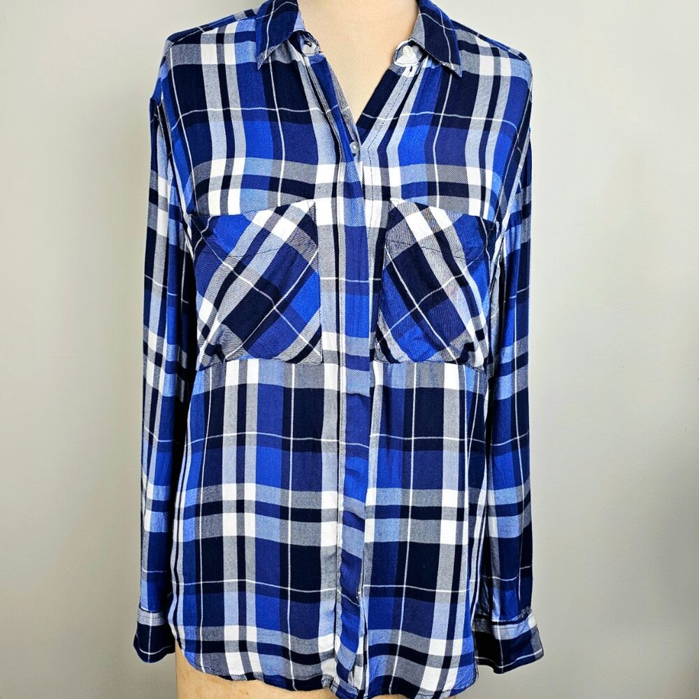 Express Blue White Plaid Roll-Tab Button Down Shirt Small